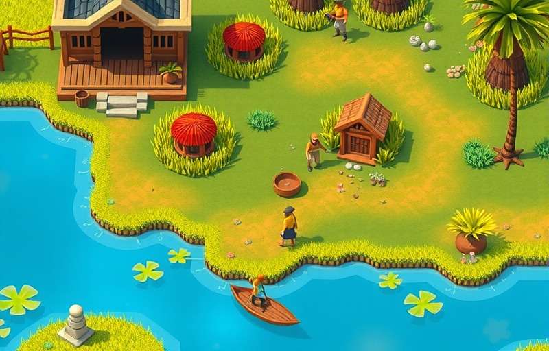 Ponda Pioneers Gameplay Screenshot Ponda Pioneers gameplay showing villagers working in fields, water pond and village buildings